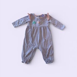 Blue Striped Long-Sleeve Baby One-Piece with Pink Ruffle Accents